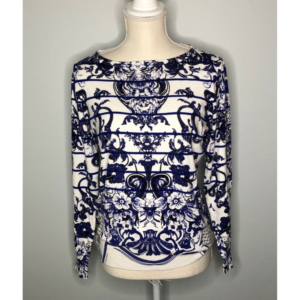 Cyrus Women's‎ Sweater Floral & Scroll Long Sleeve Rayon Blend Blue L